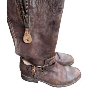 Bed Stu Women SZ 7 Motorcycle Boots Brown Leather Distressed Strap Mid Calf Zip